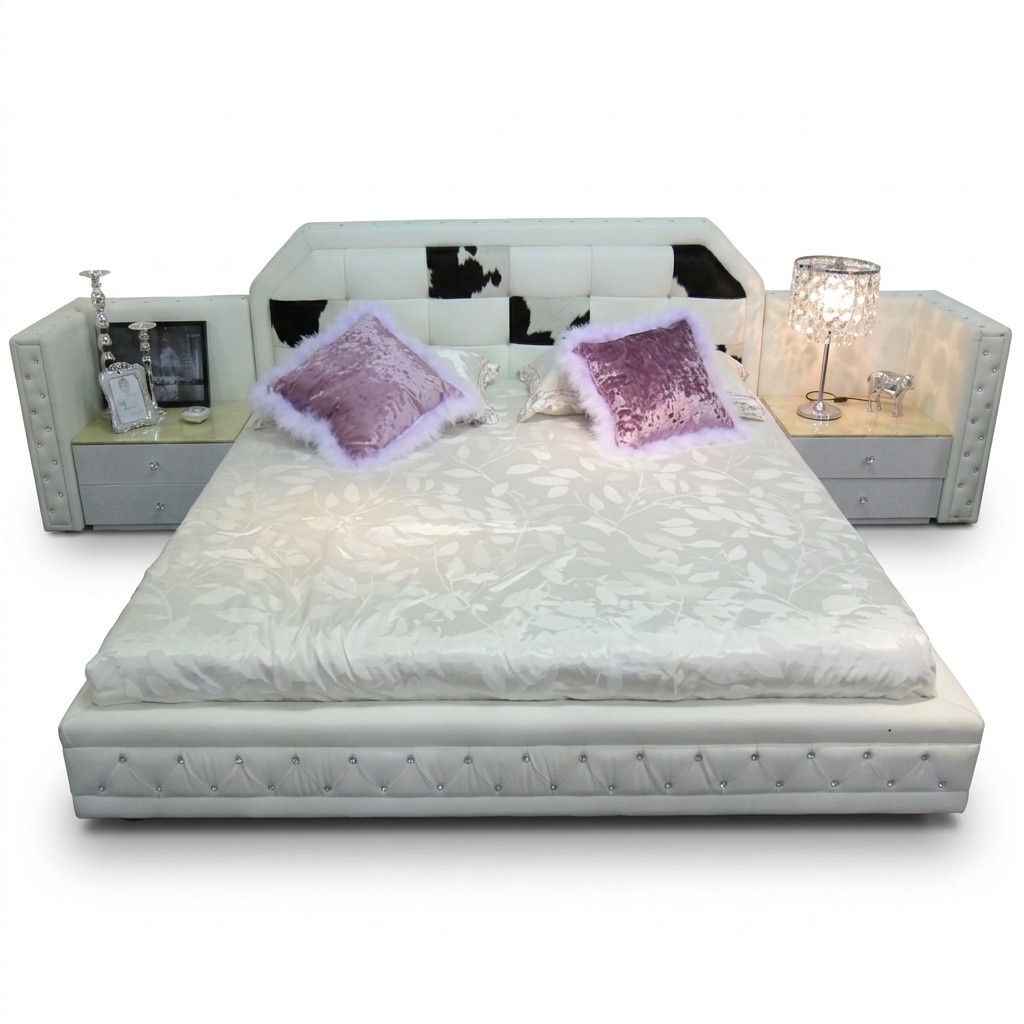 Luxus Bett Chesterfield Doppelbett Echleder mit Ponyfell Betten Weiß Möbel