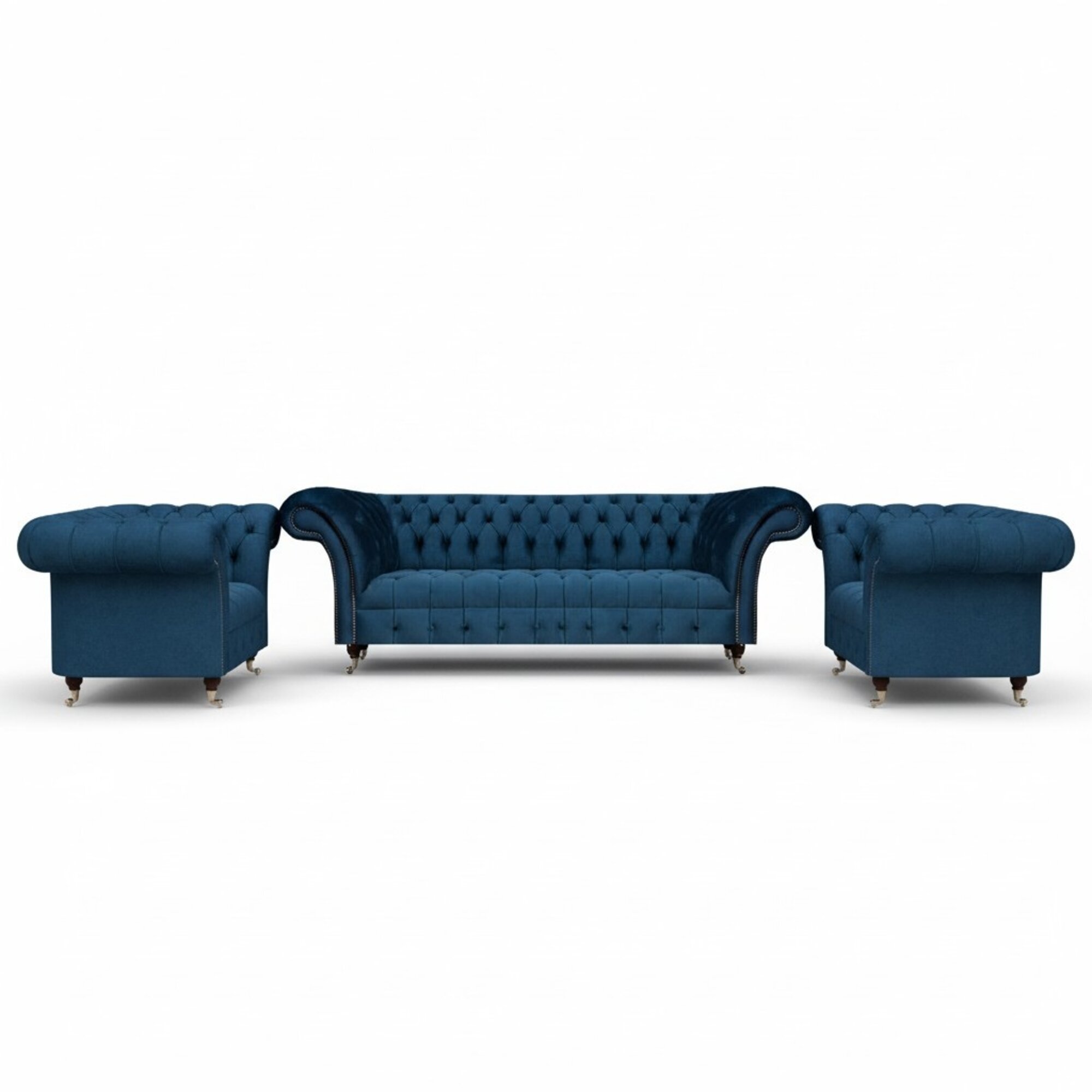 Luxus Blau Sofas Set 3tlg Sofagarnitur Sessel Wohnzimmer Chesterfield