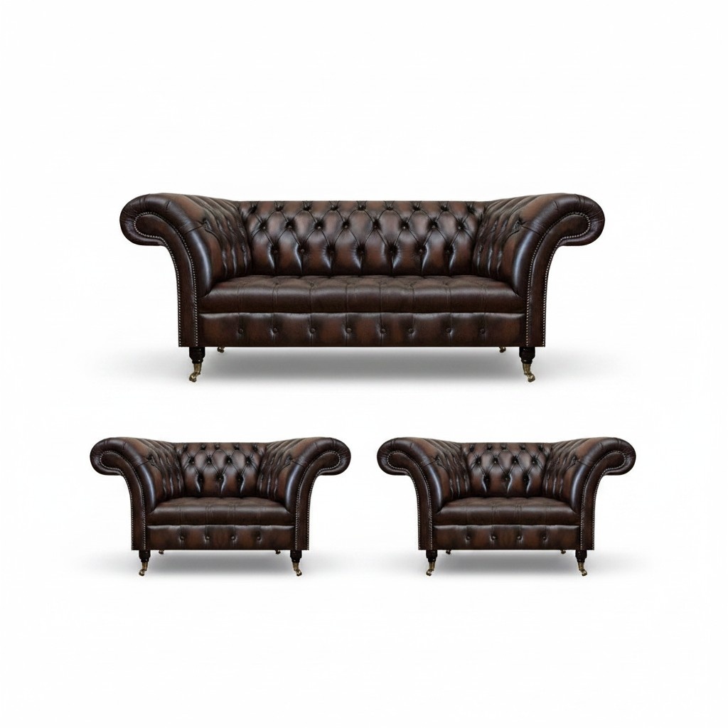Luxus Braun Leder Sofa Set Wohnzimmer 2x Sessel Dreisitzer Couch Chesterfield