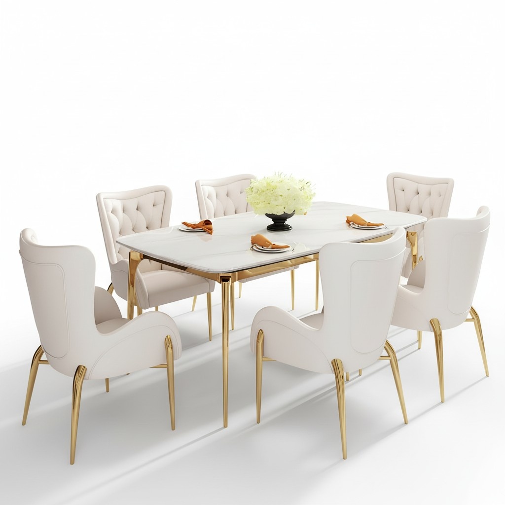 Luxus Esstisch Leder Edelstahl Marmor Imitation Stein Tisch Esszimmer