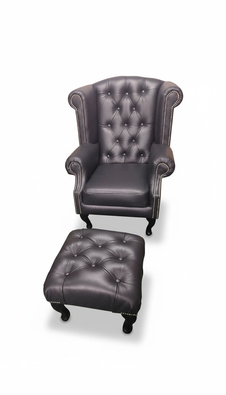 Luxus Ohrensessel und Hocker Chesterfield Sessel Leder Schwarz Modern