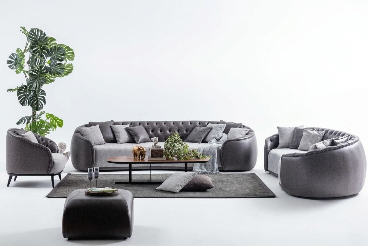 Luxus Villen Möbel Graue Chesterfield Sofagarnitur Stoffcouchen Textil 4+3+1