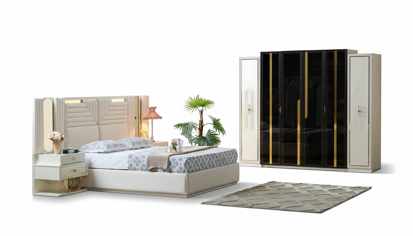 Modern Schlafzimmer Set Bett + 2x Nachttische+Kleiderschrank 4 tlg.
