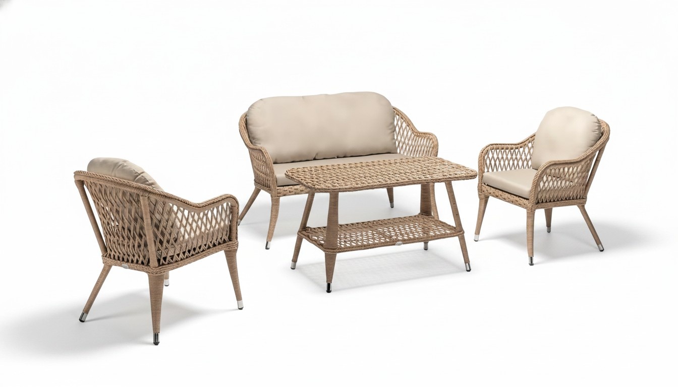 Moderne Beige Gartenmöbel Luxus Sofagarnitur Tisch Hochwertig Sessel Sitzgruppe