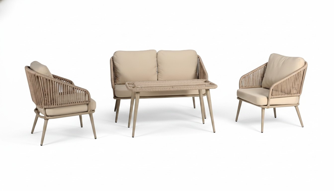Moderne Beige Gartenmöbel Luxus Sofagarnitur Couchtisch Hochwertig Sessel