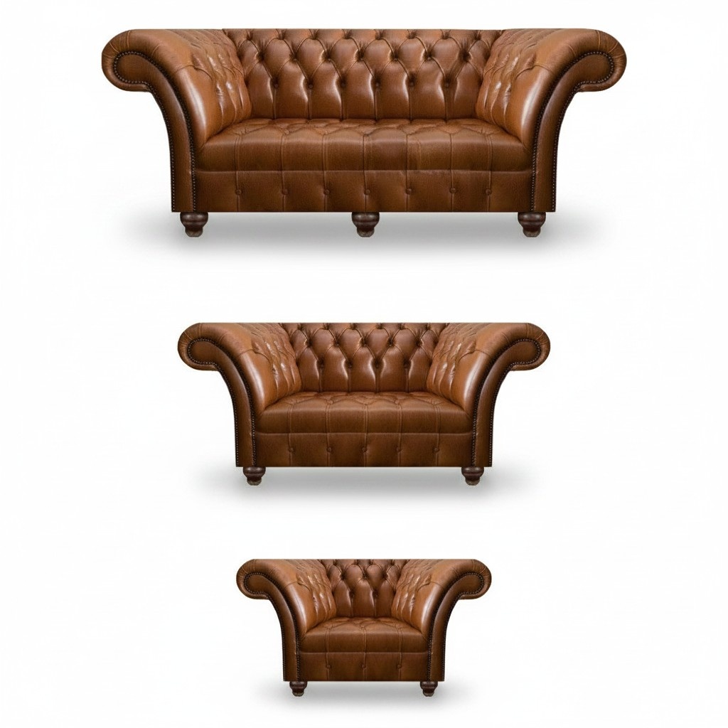 Moderne Chesterfield Ledersofas Designer Lehnsessel Zweisitzer 3tlg Set