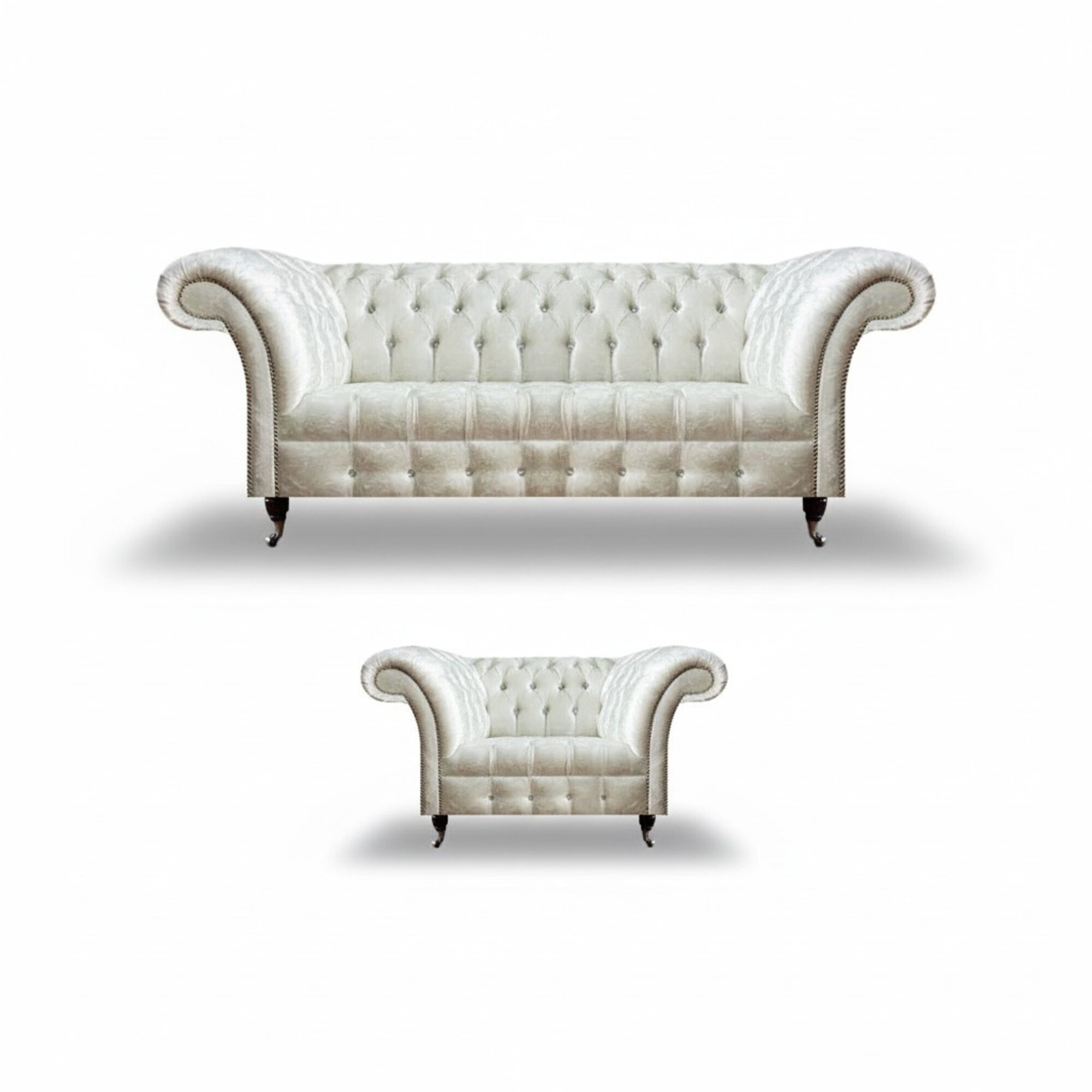 Moderne Chesterfield Weiße Stoffcouch Exklusiver Wohnzimmer Sessel 2tlg