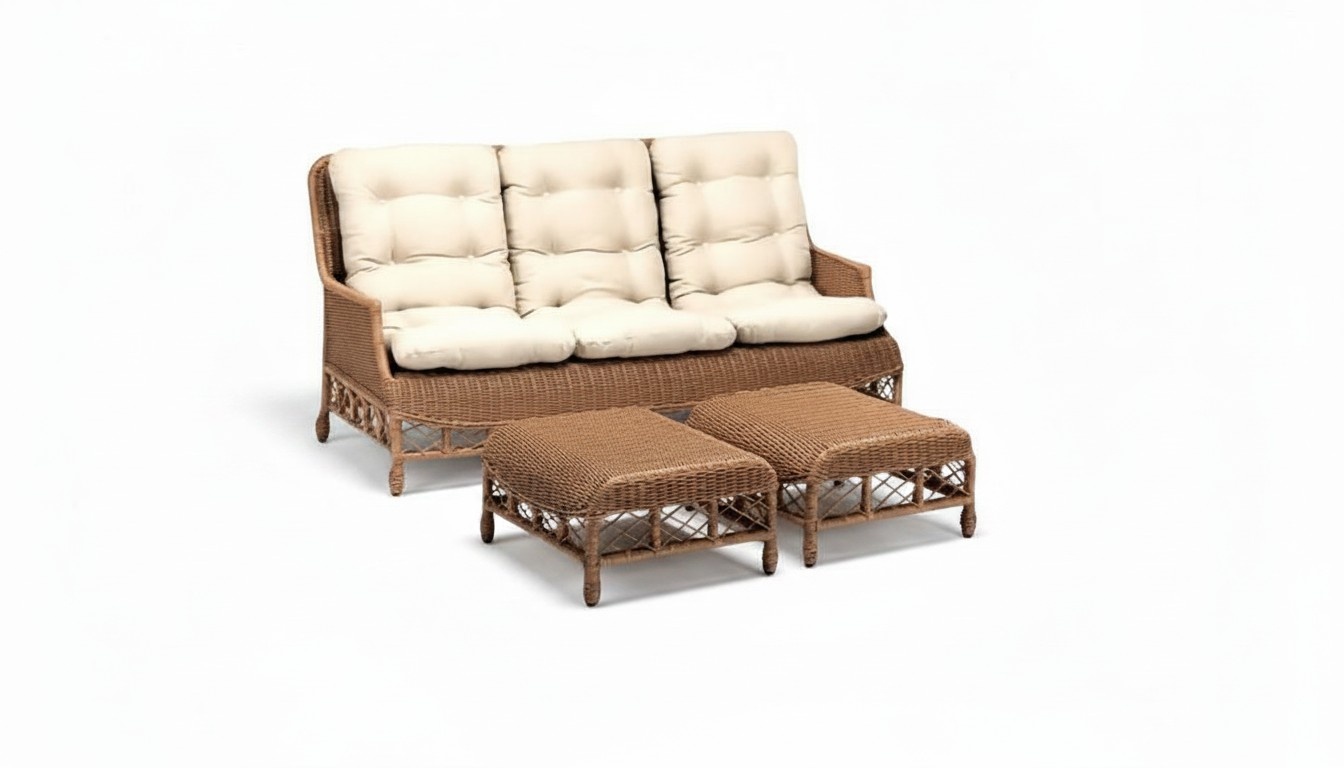 Moderne Gartenmöbel Garnitur Exklusiver 3-Sitzer Sofa Luxuriöse 2x Hocker Braun