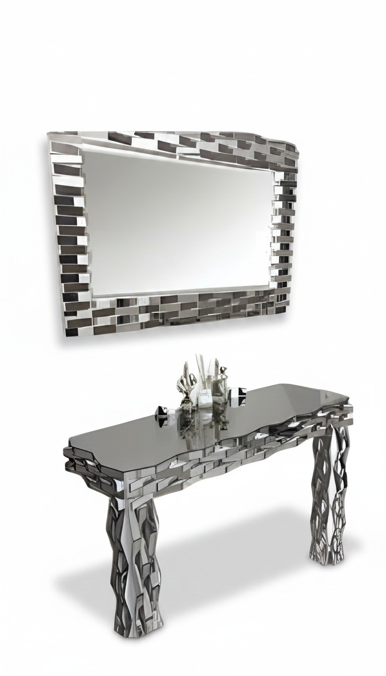 Moderne graue Holzkonsole mit Spiegel für eleganten Wohnstil