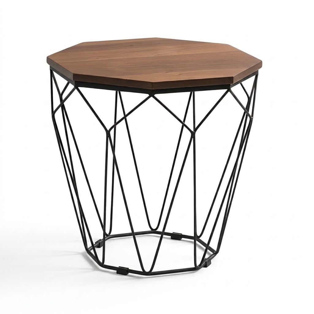 Moderner Couchtisch mit Holzplatte und Metallgestell in Diamantform