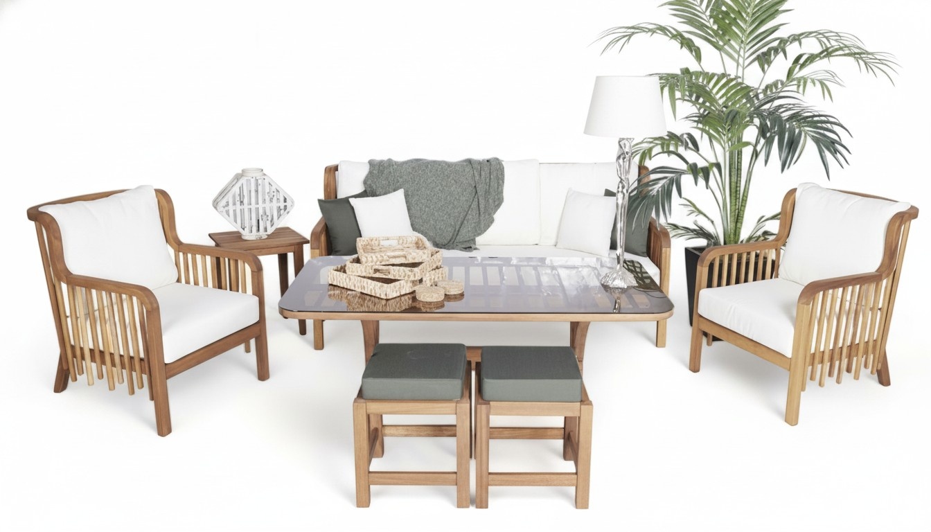 Moderner Gartenmöbel 6tlg Sofagarnitur 3+1+1 Sitzer 2x Hocker Holz Esstisch
