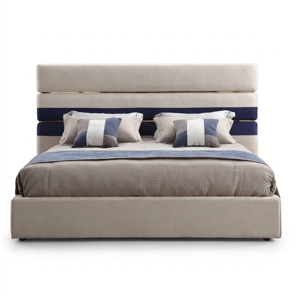 Modernes Doppelbett mit Holzrahmen, stilvolles Bett, neu in Beige