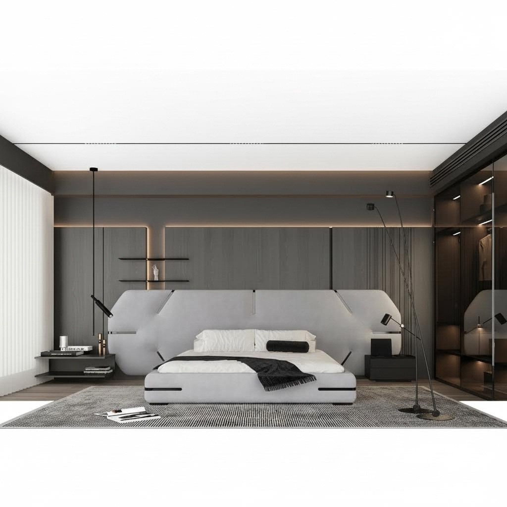 Modernes graues Bett mit elegantem Kopfteil und stilvollem Design Schlafzimmer