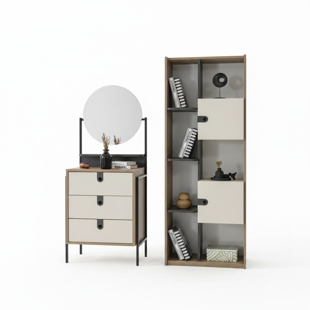 Modernes Set aus Kommode mit Spiegel und Bücherregal in Holzoptik und Creme