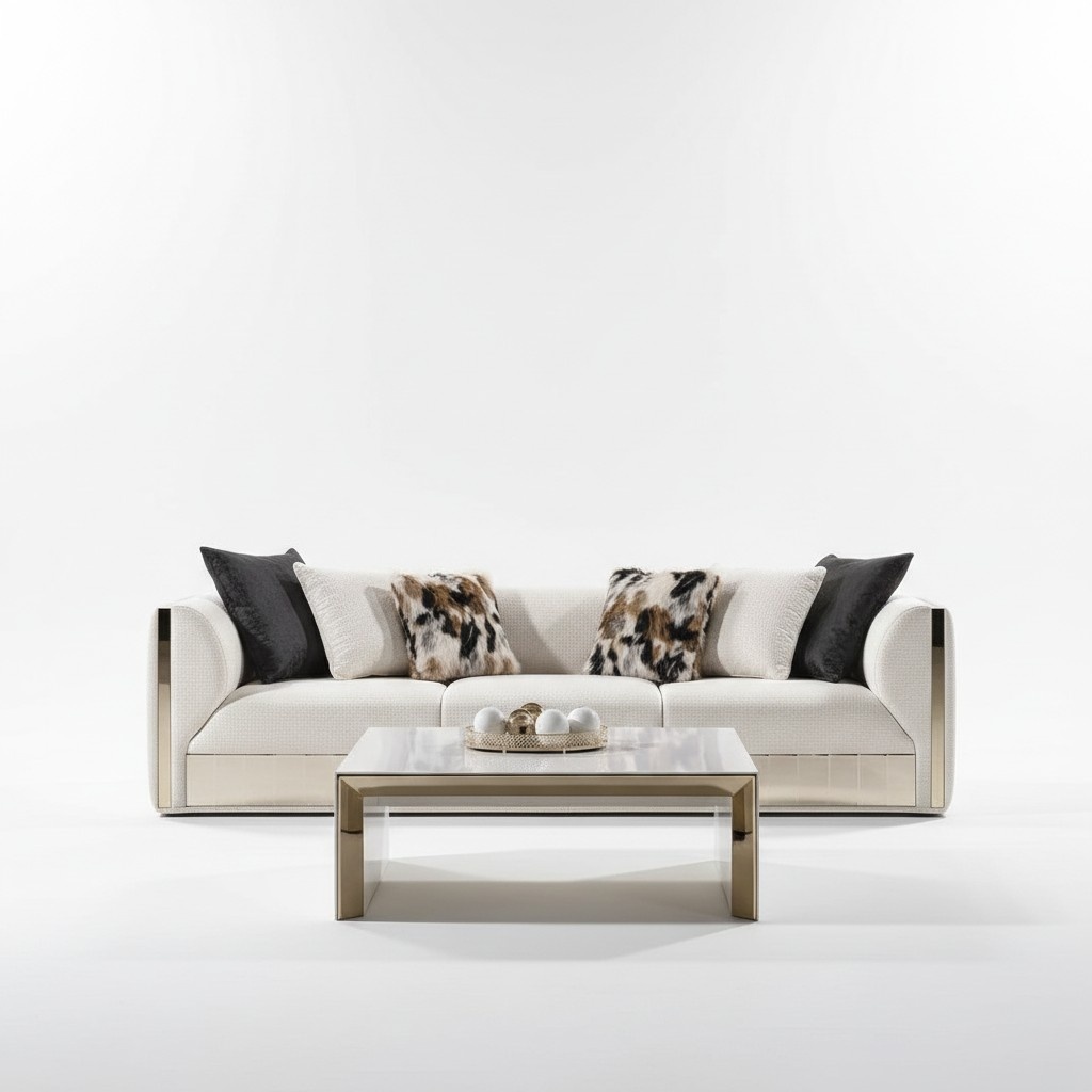 Modernes weißes Wohnzimmer Set mit 4-Sitzer-Sofa und Couchtisch