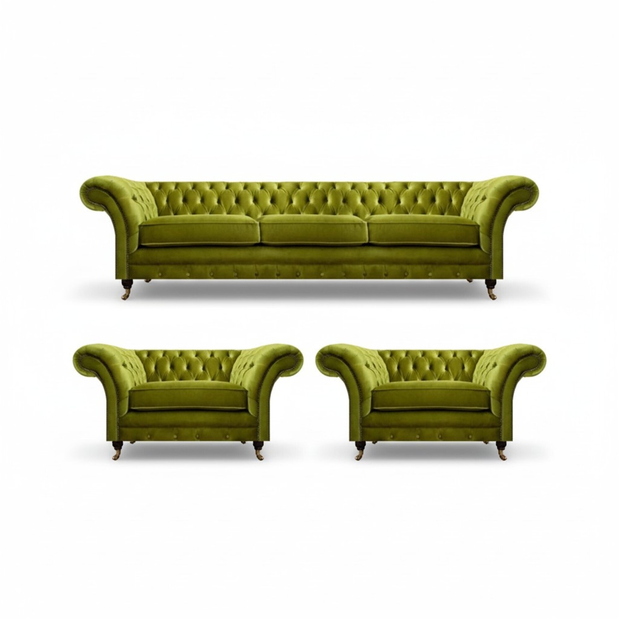 Olivengrüne Wohnzimmer Garnitur Chesterfield Polstercouch 2x Sessel 3tlg