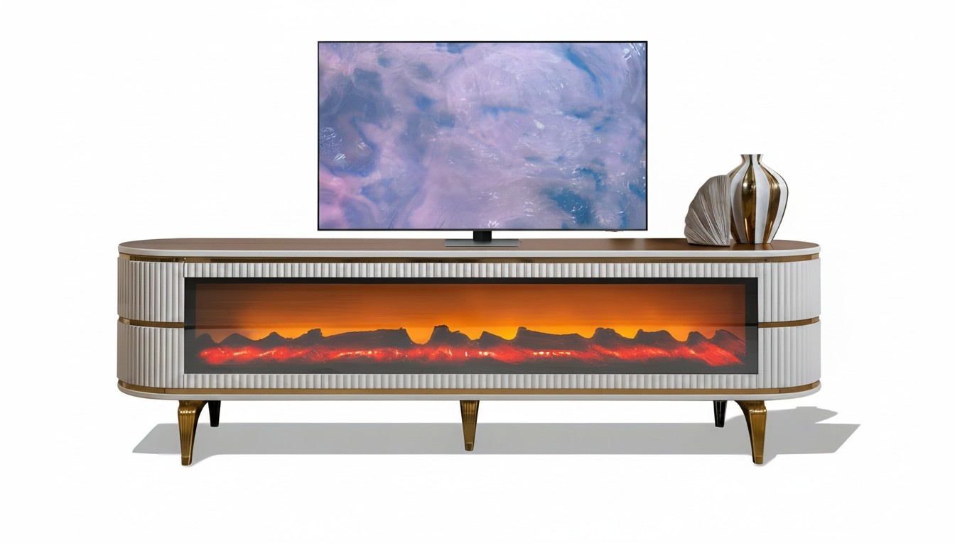 Ovaler TV-Lowboard mit Metallbeinen, beleuchtetem Kamin und Bluetooth
