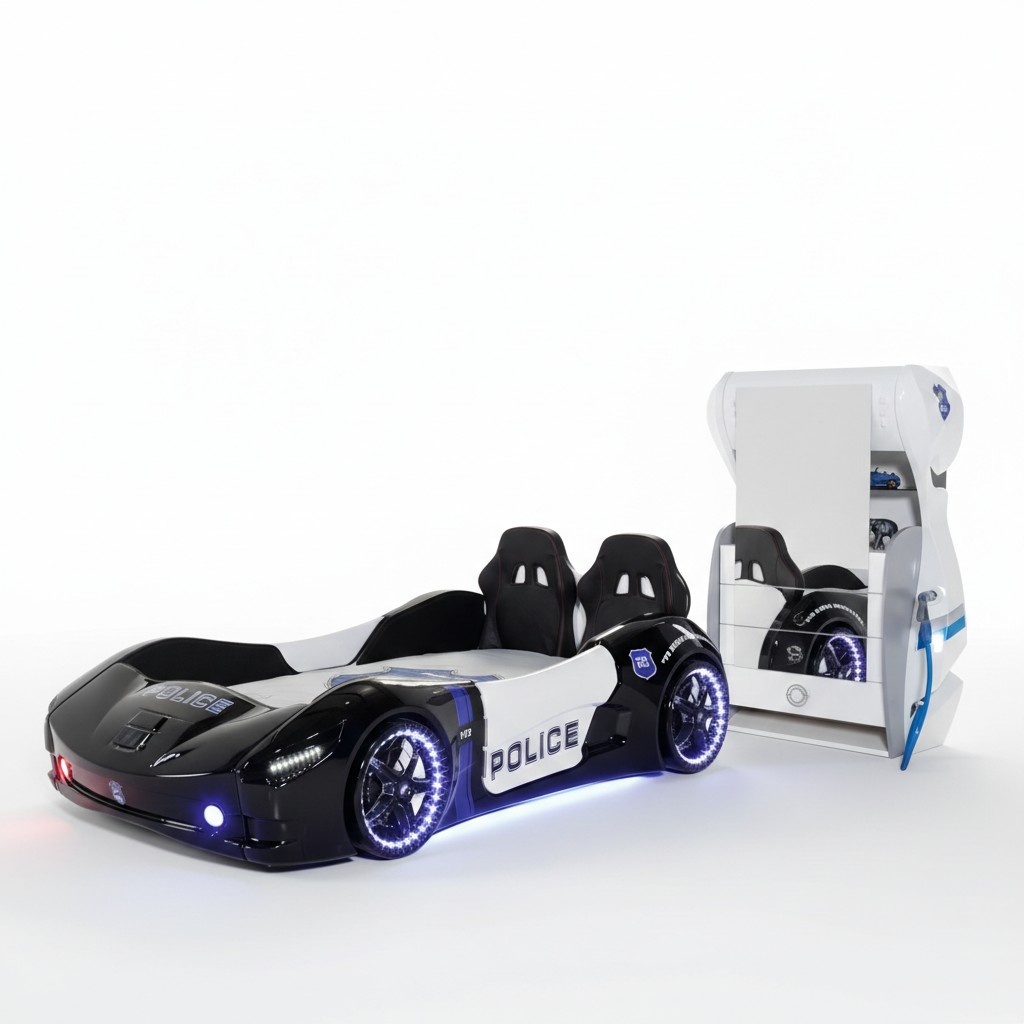 Polizei Auto Kinder Schlafzimmer Kinderbett Kommode Schreibtisch 3tlg