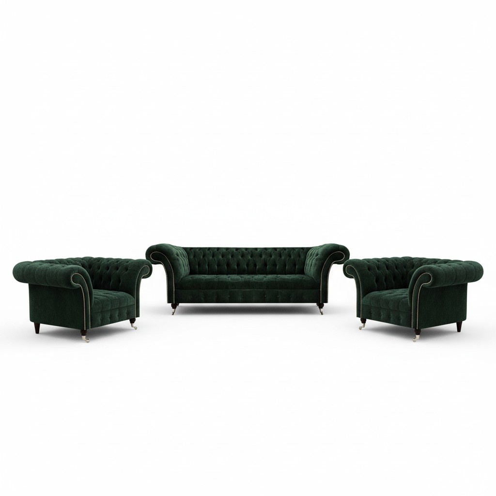 Polstermöbel Luxuriöse Designer Sofagarnitur 3+1+1 Grün Sitz Textil Chesterfield