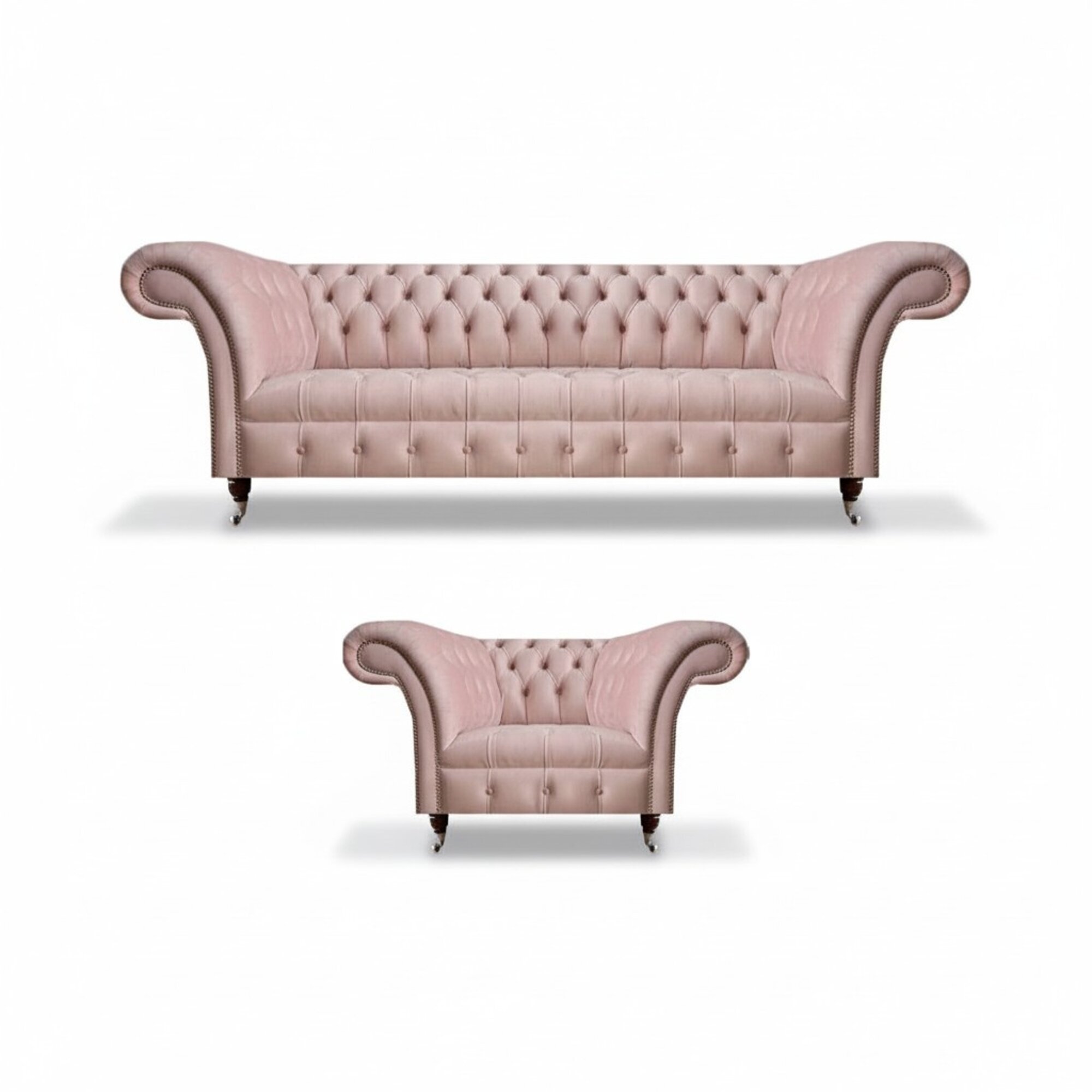 Rosa Chesterfield Wohnzimmer Garnitur 3-Sitzer Textil Lehnsessel 2tlg