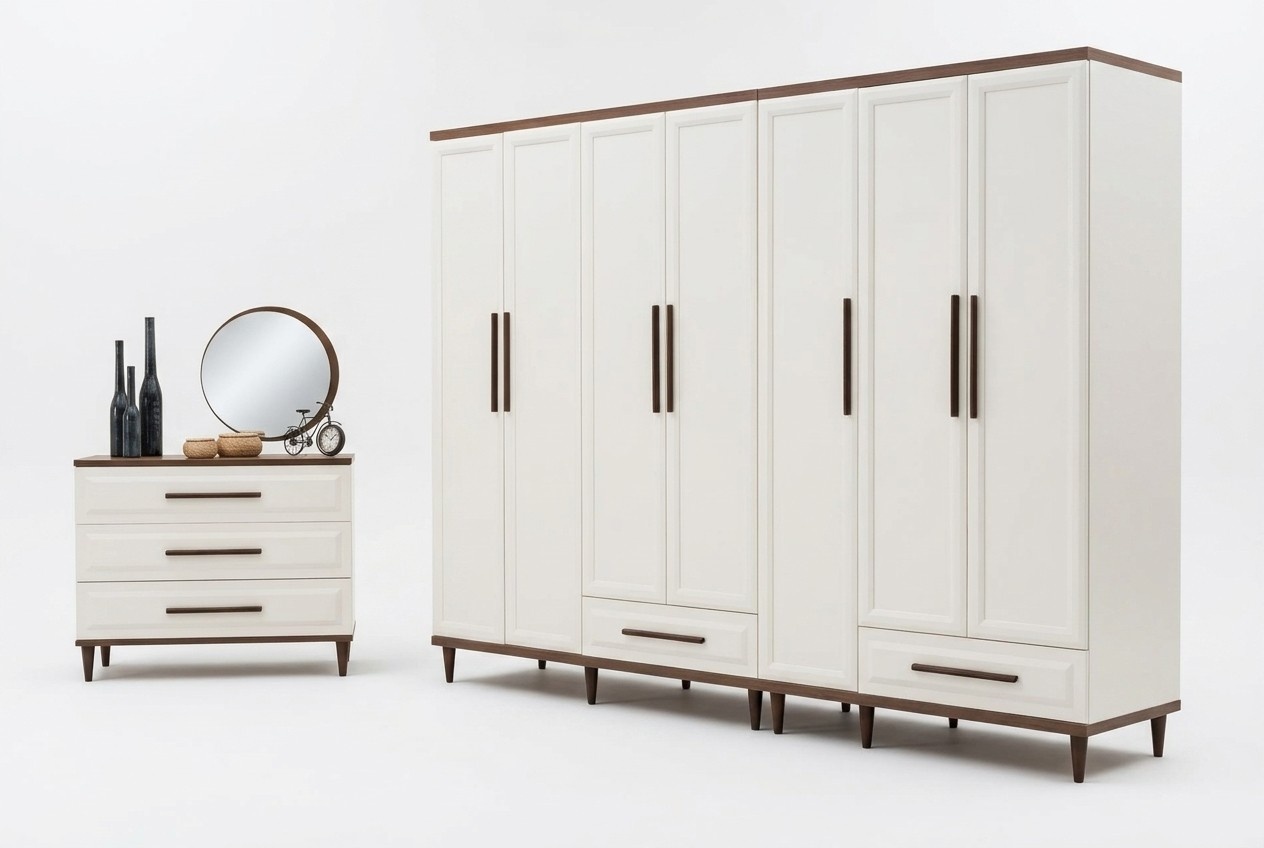 Schlafzimmer 3tlg Luxus Komplett Kleiderschrank Holzmöbel Kommode mit Spiegel