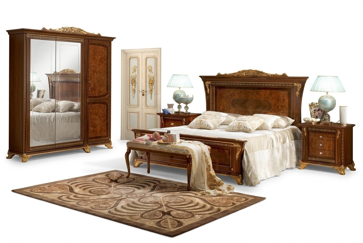 Schlafzimmer Barock Rokoko Holz Möbel Bett Polster Luxus Doppel Betten