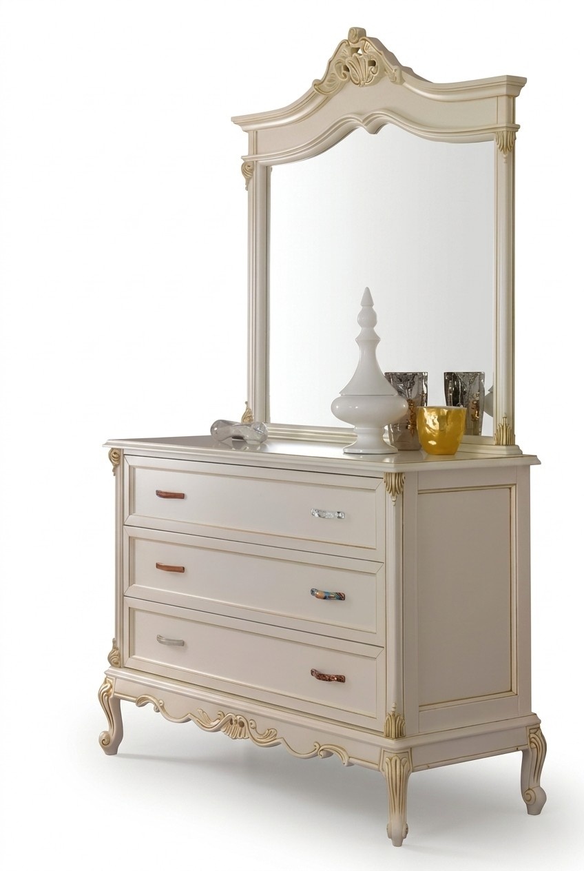 Schlafzimmer Kommode Schrank Klassische Anrichte mit Spiegel Massivholz Elegante Stil Möbel