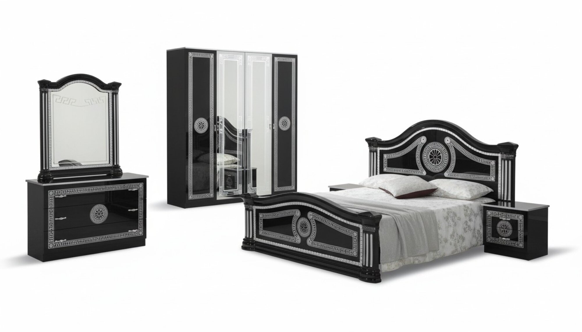 Schlafzimmer Komplett Set Königliches Stil Modrern Bett Nachttisch 6 tlg.