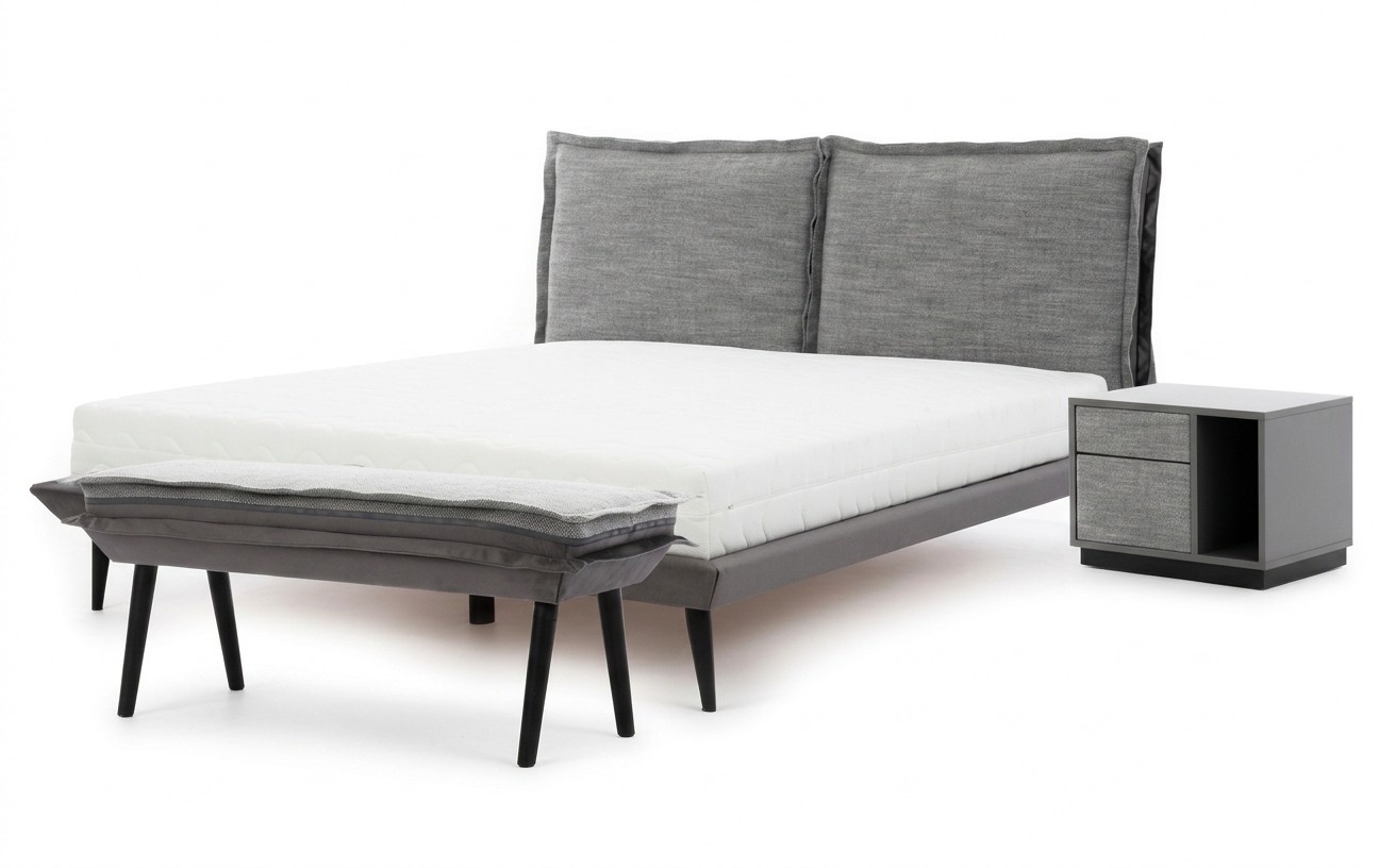 Schlafzimmer Set Grau Bett Elegantes 2x Nachttische Luxus Hocker Modern 4tlg.