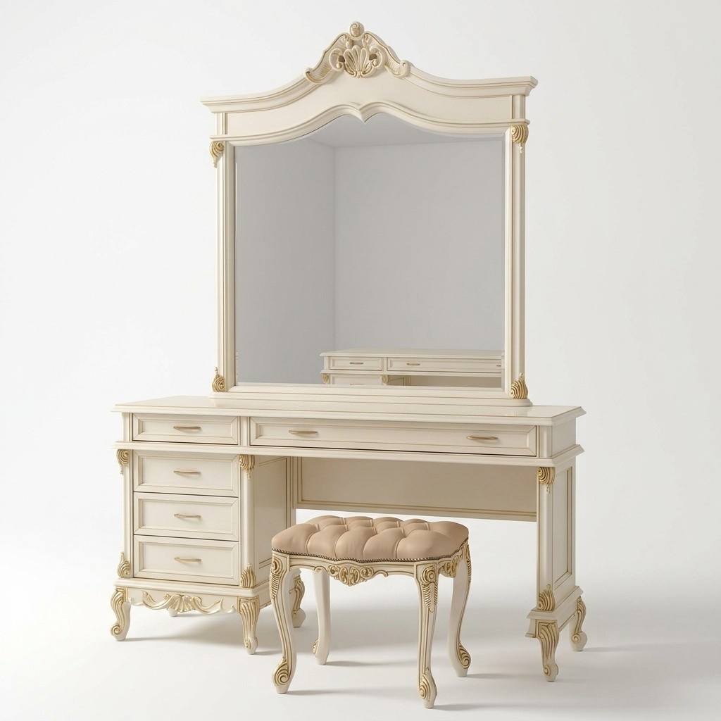 Schminktisch mit Spiegel Luxus Konsole Kommode Schlafzimmer Barock Rokoko Massivholz
