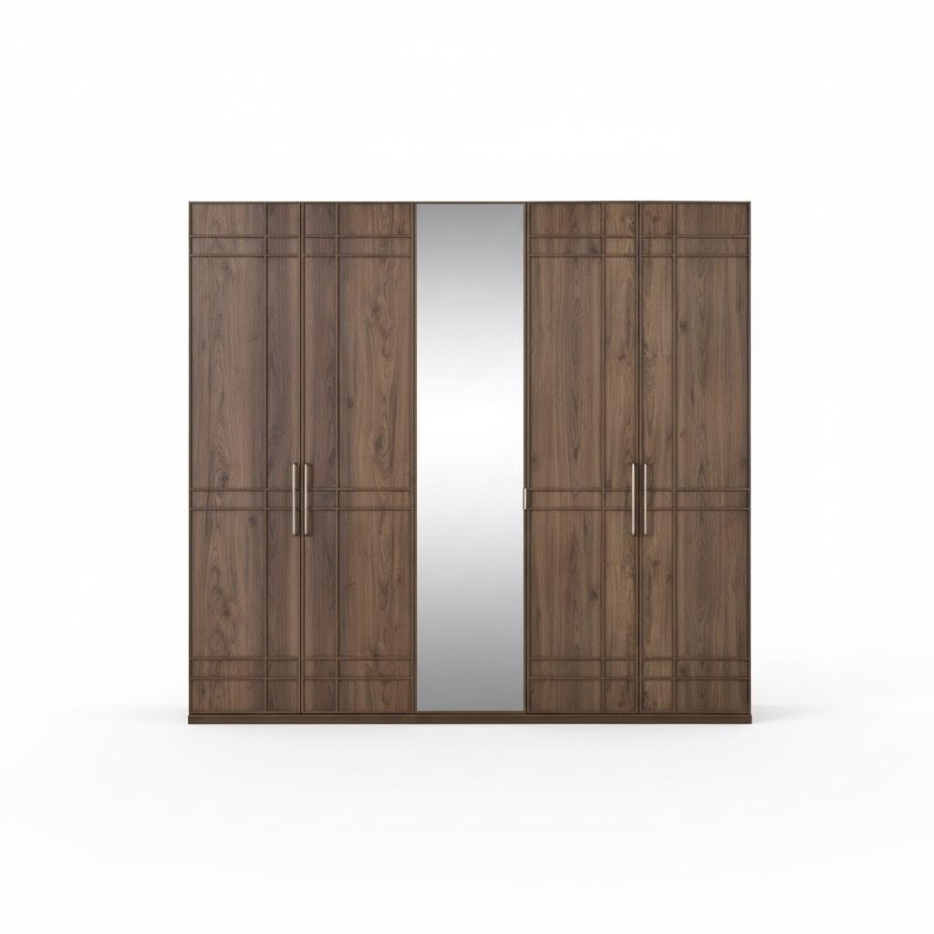 Schrank Kleiderschrank Schlafzimmerschrank Braun Holz Spiegel 5 Türen