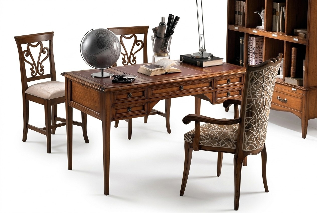 Schreibtisch und Stuhl aus Holz mit Armlehnen Bücherregal Büromöbel Design 4tlg