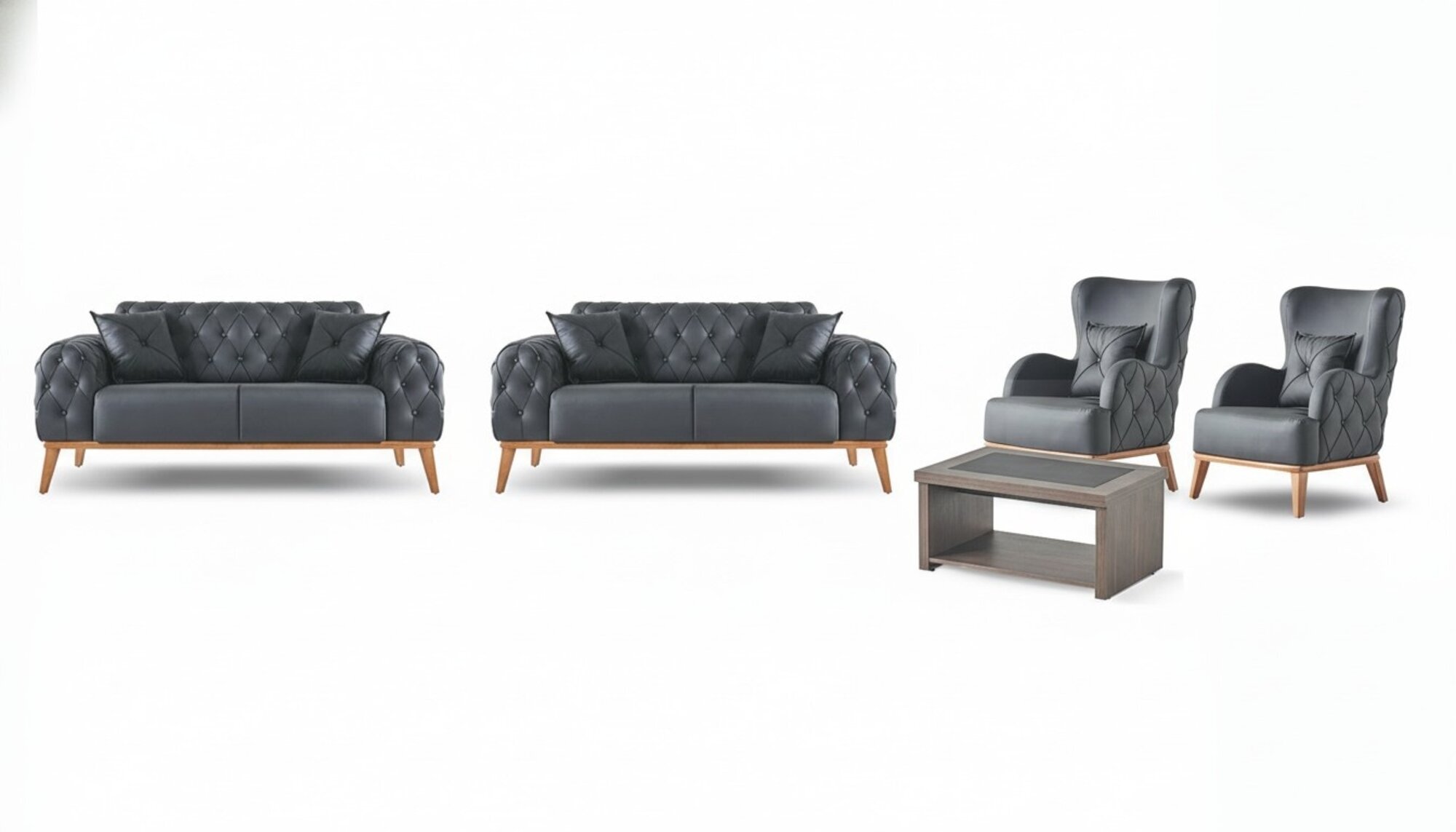 Schwarze Chesterfield Arbeitszimmer Garnitur Edle 2x 2-Sitzer Couchtisch