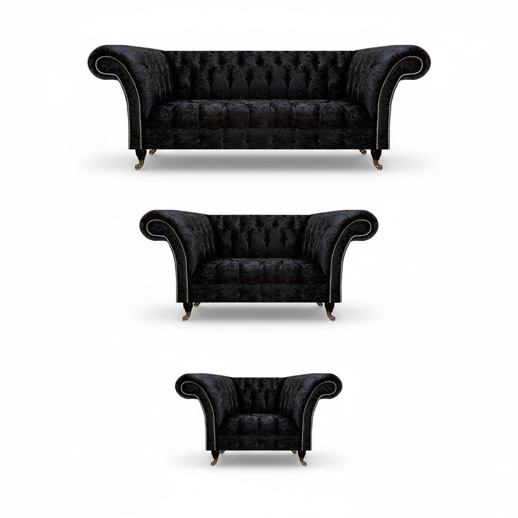 Schwarze Textil Chesterfield Garnitur Edler Dreisitzer Lehnsessel 3tlg