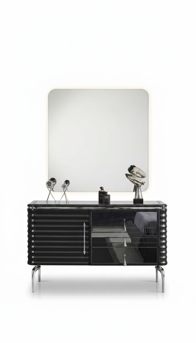 Schwarzes Schlafzimmer Set Designer Kommode mit LED-Spiegel Garnitur