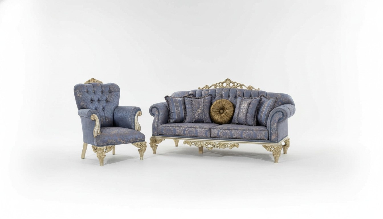 Sofa 3 Sitzer Textil Sessel Couch Polster Möbel 3+1 Dreisitzer Blau