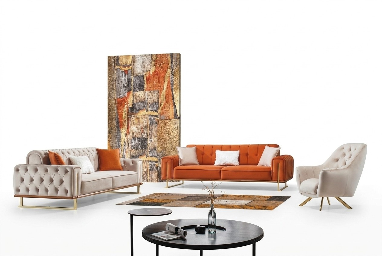 Sofa Beige 3 Sitzer Wohnzimmer Luxus Design Chesterfield Italienischer