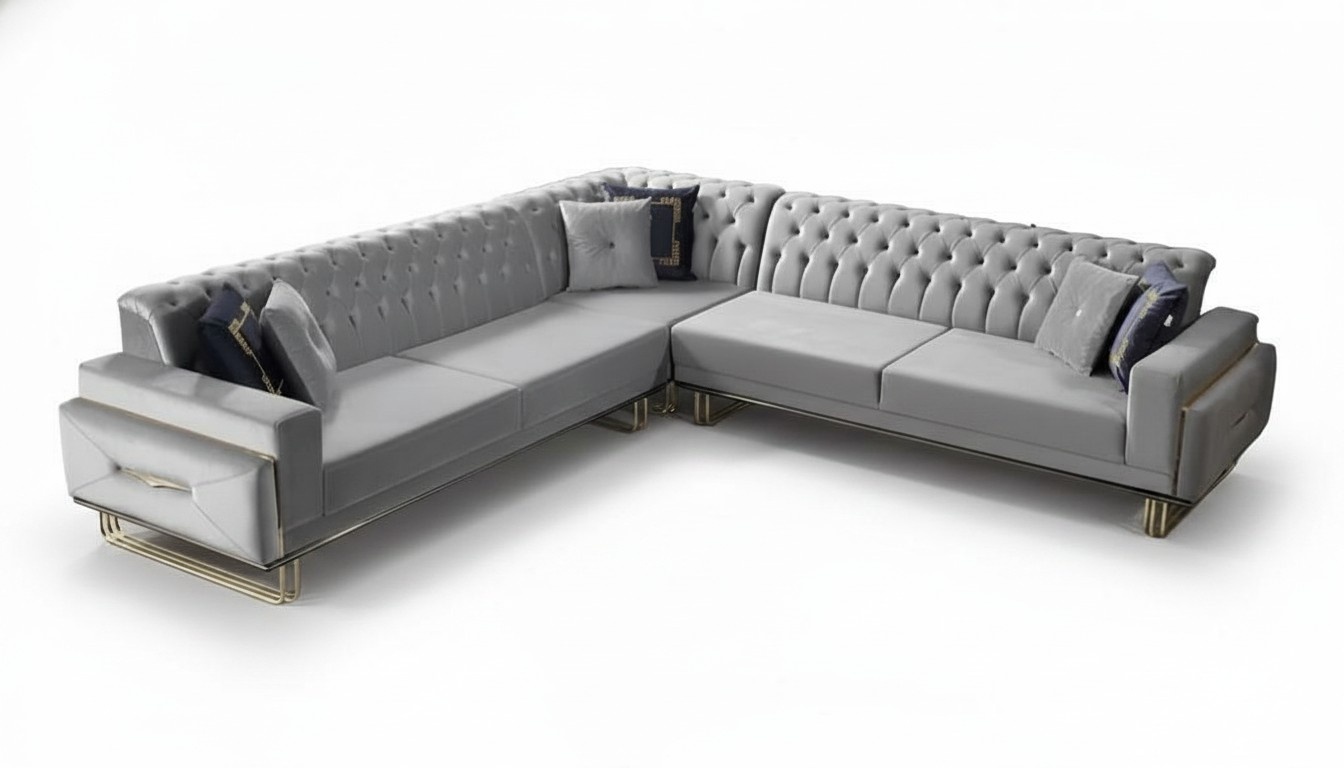 Sofa Couch Polsterung L-Form Wohnzimmer Design Ecke Textil Grau Eckgarnitur