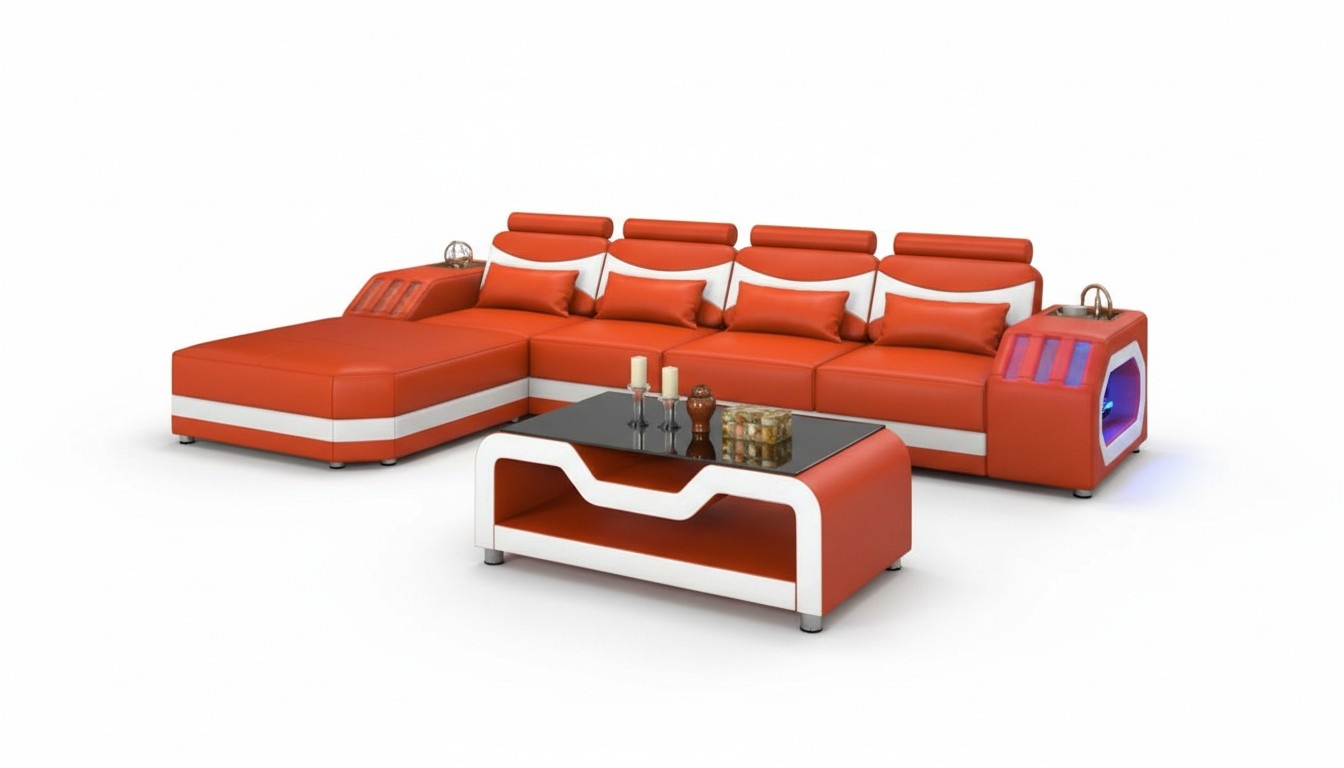 Sofa Ecksofa Ledersofa L Form Couch Sofas Orange Luxus Eckgarnitur LED