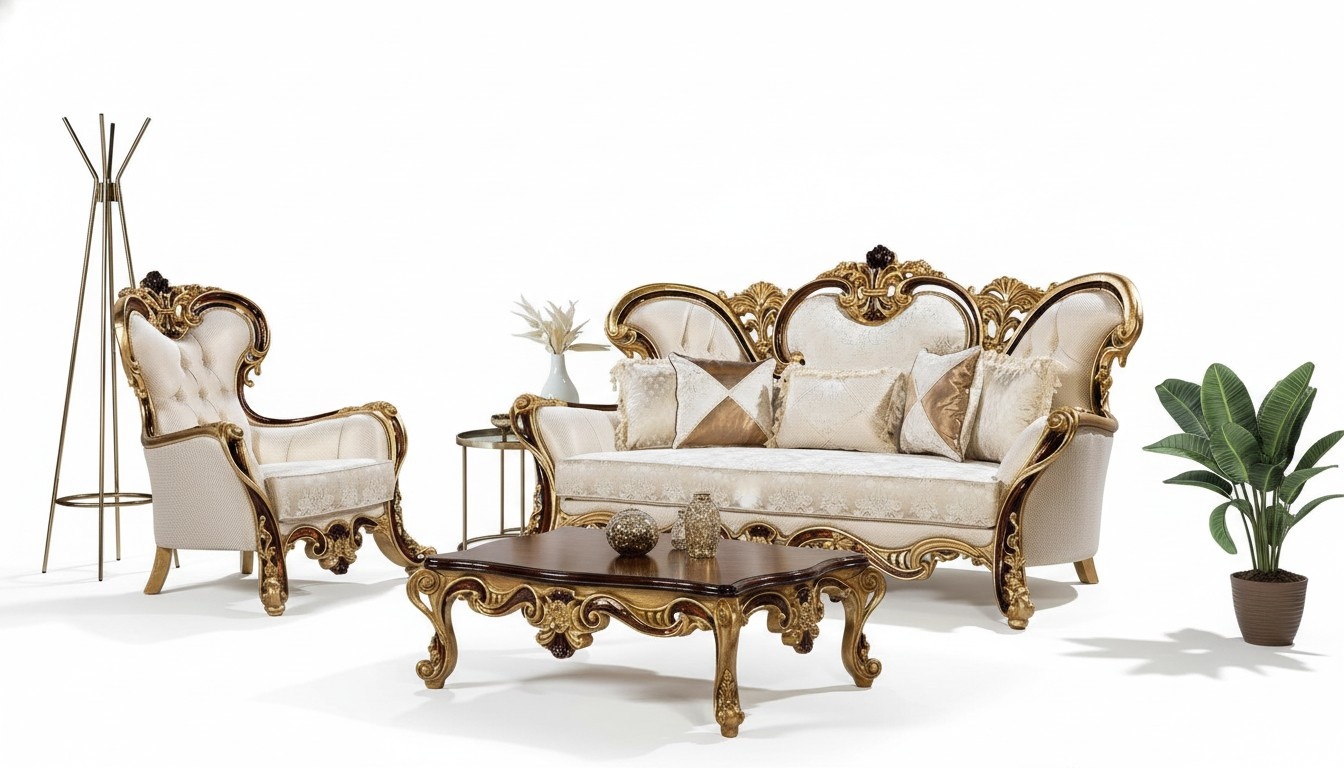 Sofa Set 3+1 Sitzer Gold Couchtisch Set 3tlg.