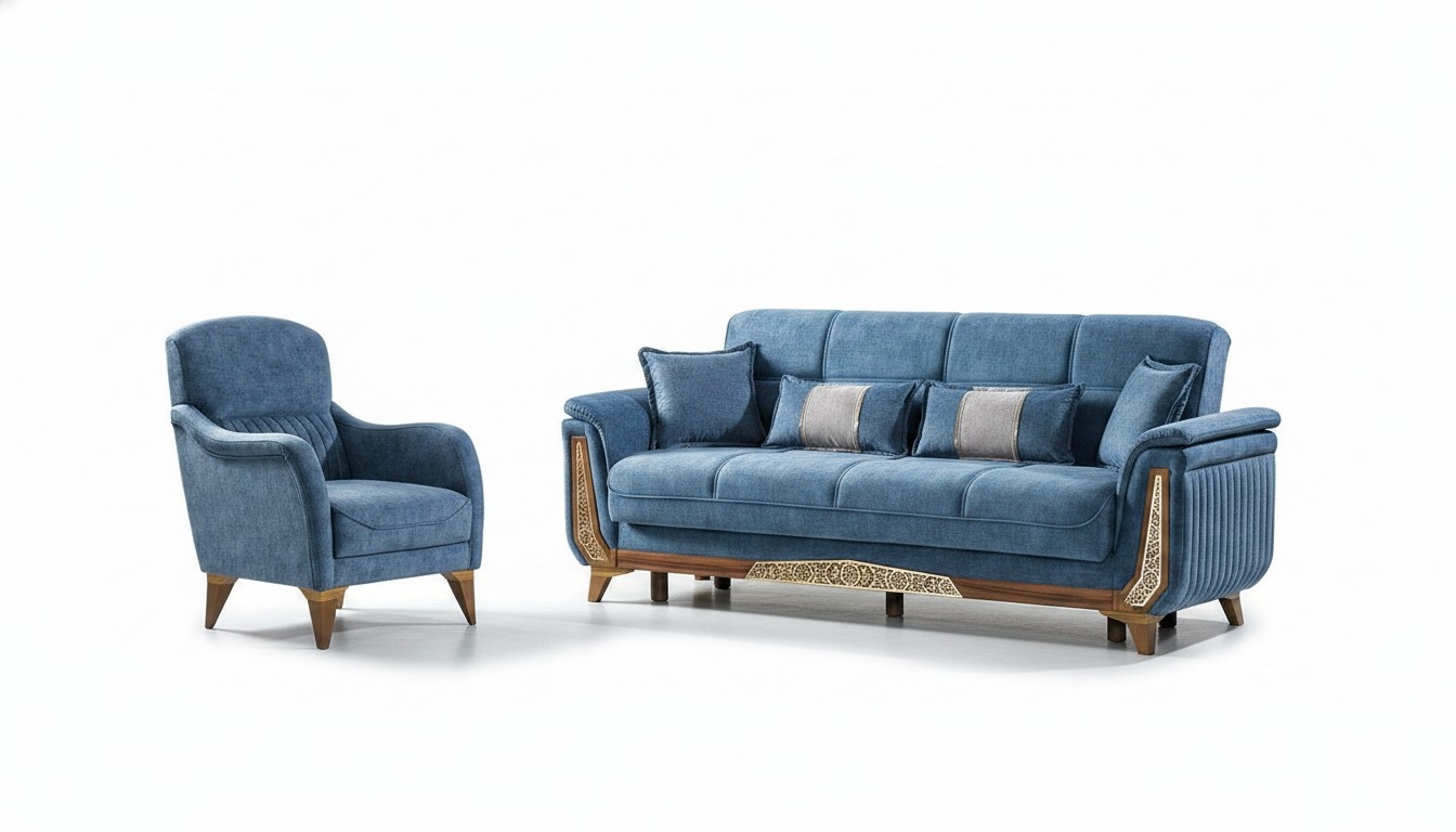 Sofagarnitur 3+1 Sitzer Sofa Set Komplett Textil Holz Wohnzimmer Sofa