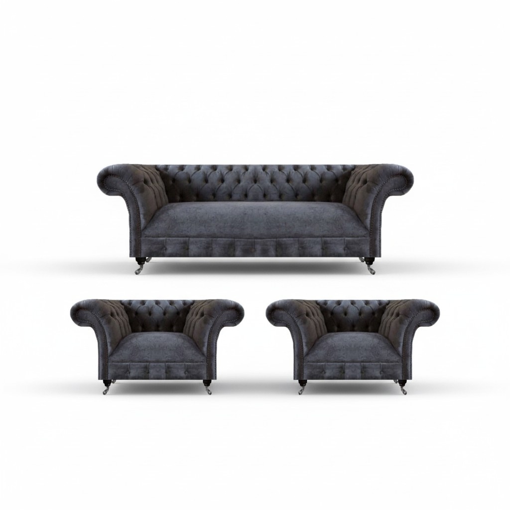 Sofagarnitur 3tlg Möbel Grau Wohnzimmer Polstermöbel Einrichtung Chesterfield