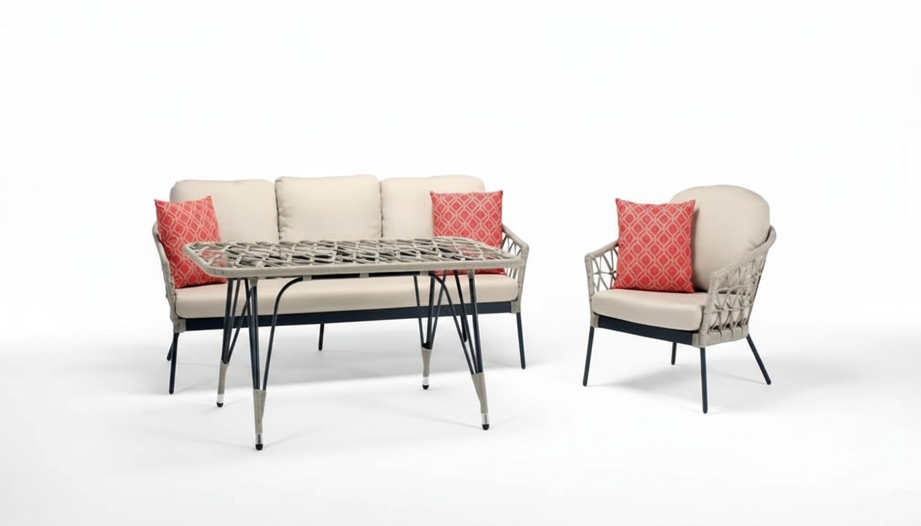 Sofagarnitur Beige Rattan Luxuriöse Sofa 3 Sitzer Moderner Sessel Couchtisch