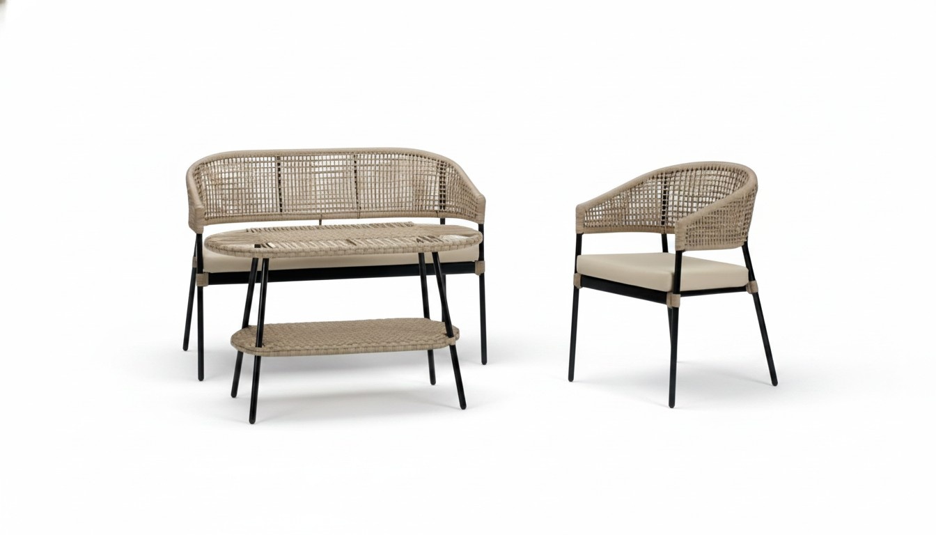 Sofagarnitur Beige Sofa 2 Sitzer Luxuriöse Rattan Moderner Sessel Couchtisch