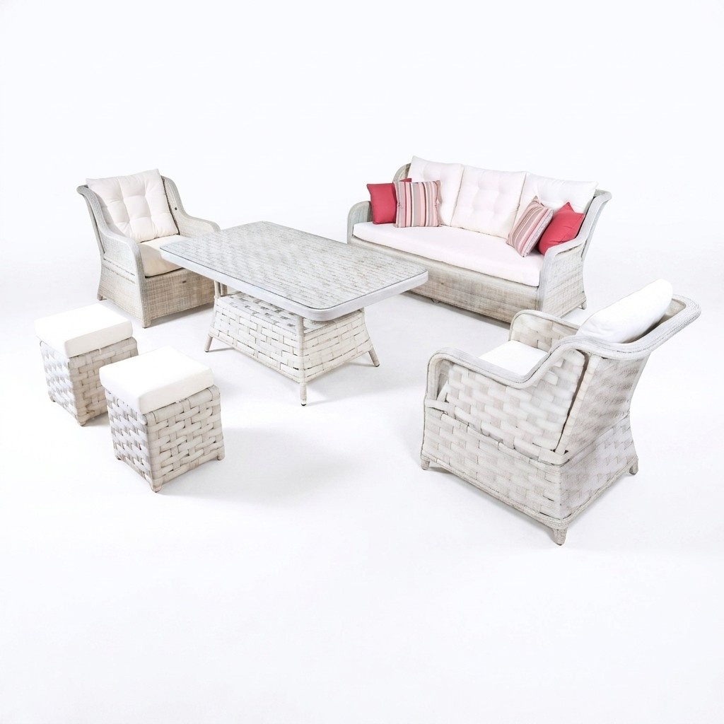 Sofagarnitur Gartenmöbel Esstisch Hocker Sessel Rattan Weiß Sitzgruppe 6tlg.