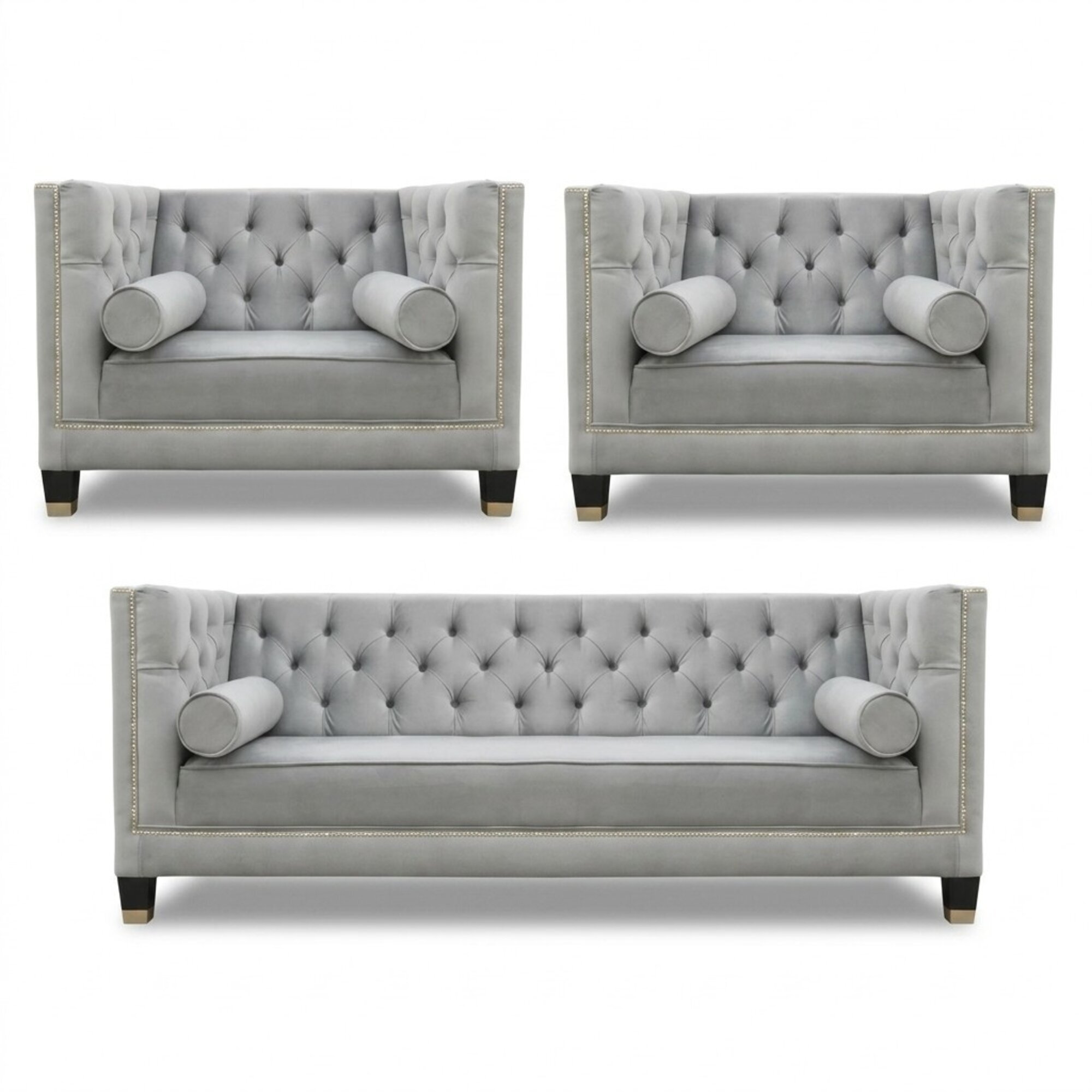 Sofagarnitur Grau Chesterfield Sessel Luxus Möbel Textil Stoff Wohnzimmer Neu