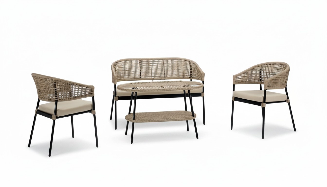 Sofagarnitur Sofa 2 Sitzer Luxuriöse Rattan Moderner 2x Sessel Couchtisch Beige