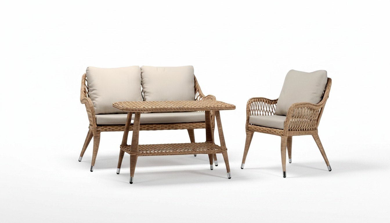 Sofagarnitur Sofa 2 Sitzer Luxuriöse Rattan Moderner Sessel Couchtisch Braun