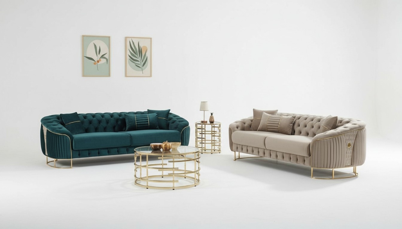 Sofagarnitur Sofas Couchen Polstersofa Dreisitzer Luxus Beige Grün Set
