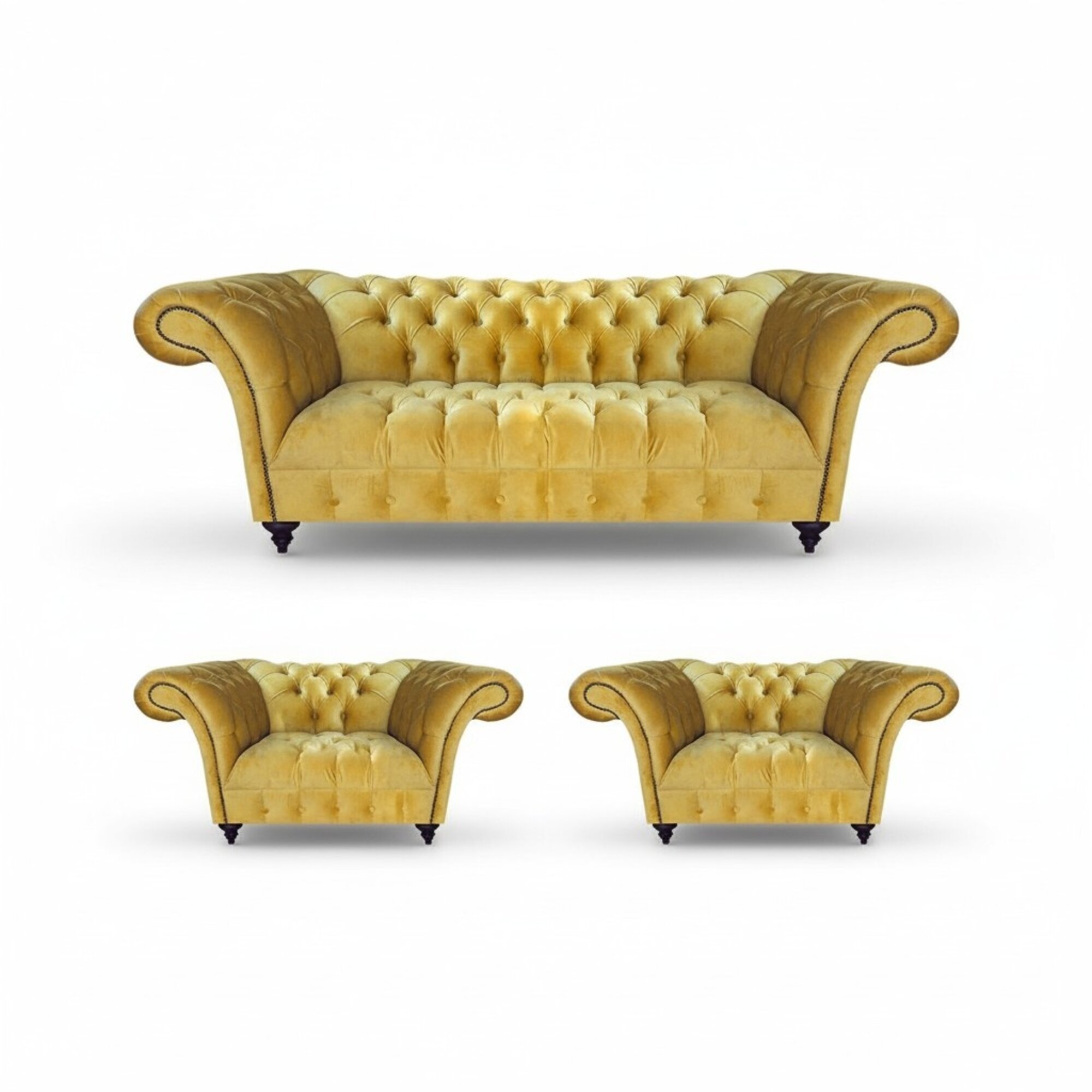 Stilvolle Gelbe Chesterfield Garnitur Designer Sofas 2x Luxus Sessel 3tlg